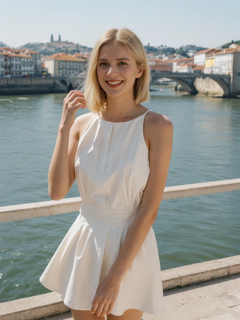 her name is Amelie, high quality, 1girl, ((25-year-old fit Caucasian woman)), ((25 years old)), ((SLIM)), ((Loose Chignon blonde hair)), smiling, pose: standing, wearing Refined Trendsetting Generation-Z modern wear pastel colored, BACKGROUND: "Walking along the Ribeira district, with its narrow streets, historic buildings, and views of the Douro River."