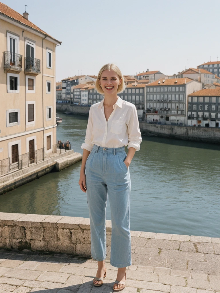 her name is Amelie, high quality, 1girl, ((25-year-old fit Caucasian woman)), ((25 years old)), ((SLIM)), ((Loose Chignon blonde hair)), smiling, pose: standing, wearing Refined Trendsetting Generation-Z modern wear pastel colored, BACKGROUND: "Walking along the Ribeira district, with its narrow streets, historic buildings, and views of the Douro River."