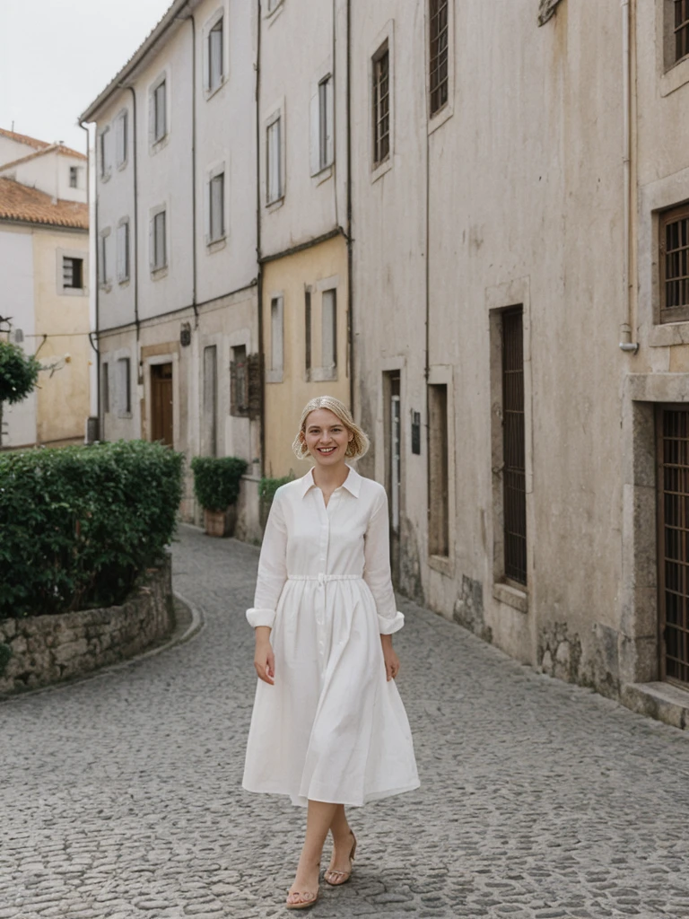 her name is Amelie, high quality, 1girl, ((25-year-old fit Caucasian woman)), ((25 years old)), ((SLIM)), ((Loose Chignon blonde hair)), smiling, pose: standing, wearing Refined Trendsetting Generation-Z modern wear pastel colored, BACKGROUND: "Walking along the Ribeira district, with its narrow streets, historic buildings, and views of the Douro River."