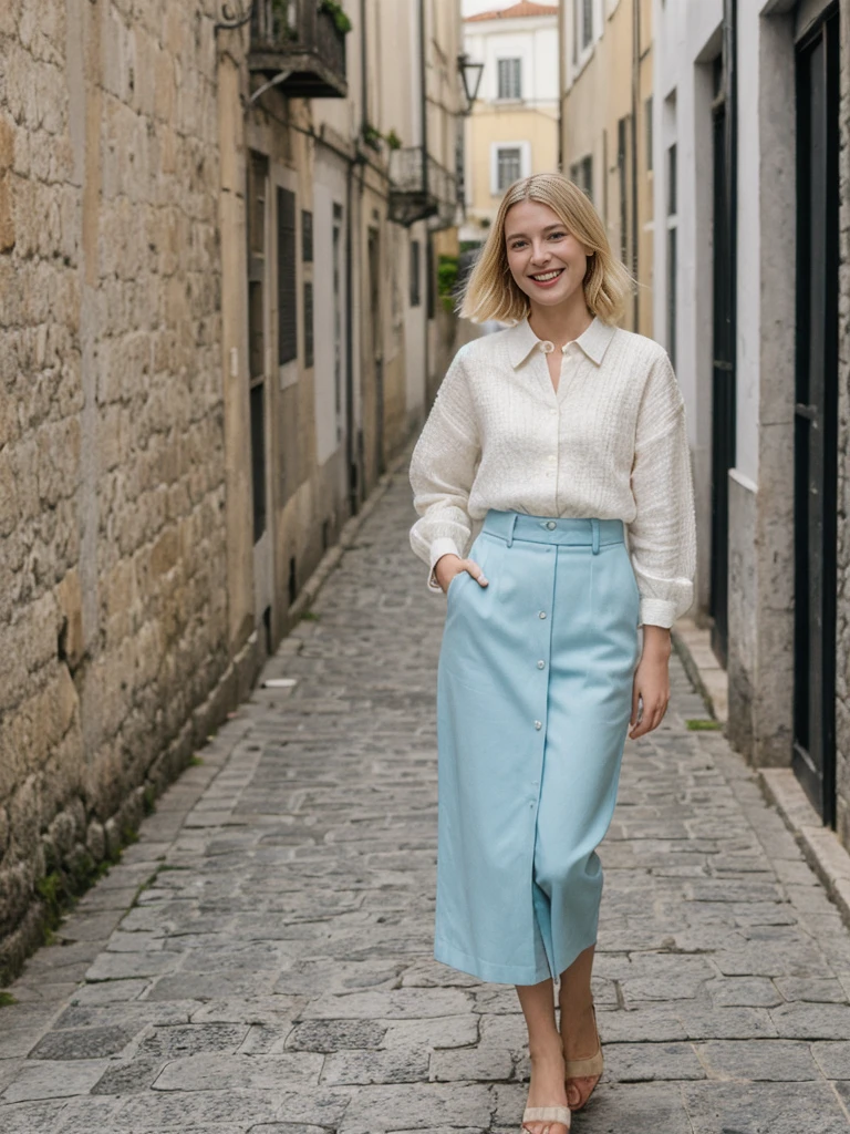 her name is Amelie, high quality, 1girl, ((25-year-old fit Caucasian woman)), ((25 years old)), ((SLIM)), ((Loose Chignon blonde hair)), smiling, pose: standing, wearing Refined Trendsetting Generation-Z modern wear pastel colored, BACKGROUND: "Walking along the Ribeira district, with its narrow streets, historic buildings, and views of the Douro River."