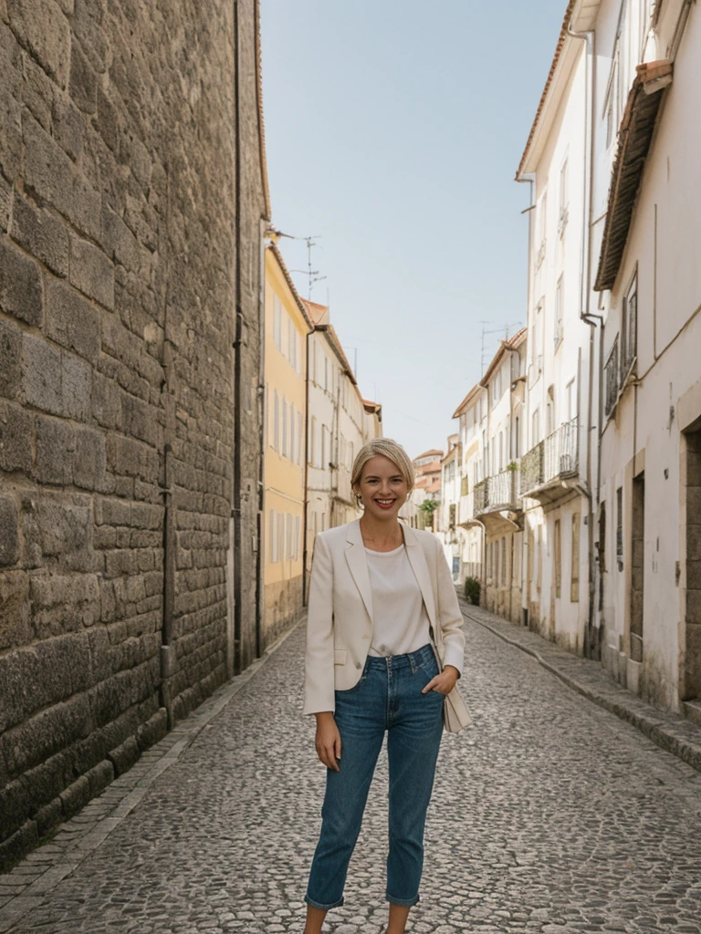 her name is Amelie, high quality, 1girl, ((25-year-old fit Caucasian woman)), ((25 years old)), ((SLIM)), ((Loose Chignon blonde hair)), smiling, pose: standing, wearing Refined Trendsetting Generation-Z modern wear pastel colored, BACKGROUND:  "Walking along the Ribeira district, with its narrow streets, historic buildings, and views of the Douro River."