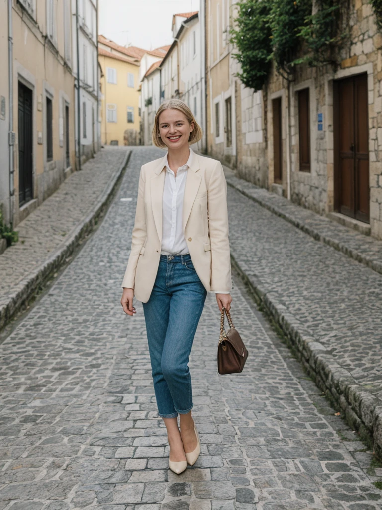 her name is Amelie, high quality, 1girl, ((25-year-old fit Caucasian woman)), ((25 years old)), ((SLIM)), ((Loose Chignon blonde hair)), smiling, pose: standing, wearing Refined Trendsetting Generation-Z modern wear pastel colored, BACKGROUND: "Walking along the Ribeira district, with its narrow streets, historic buildings, and views of the Douro River."