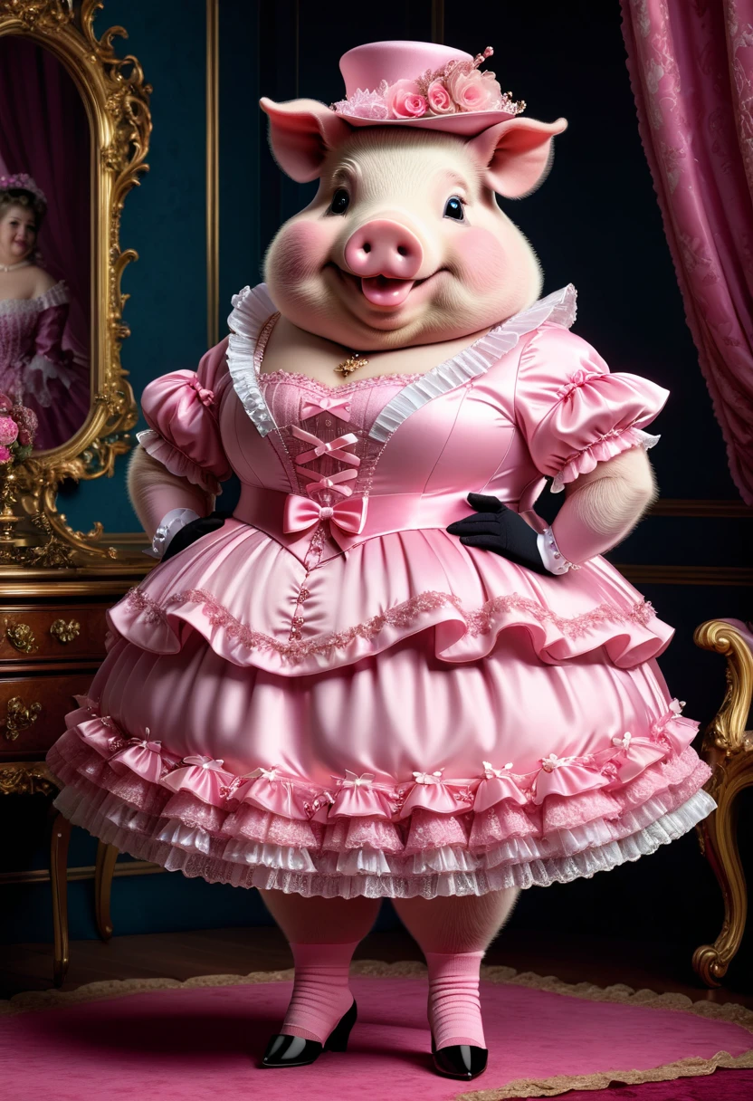 photorealistic portrait of Dressed animals-a ((fat)) ((pig)) princess,(furry), (elegant pose:1.5), (hands on hips:1.5),(smile:1.5),high quality,(),(lovely) ,intricate details, Wearing Gothic & Lolita pink dress , ( brim on head), highly detailed ((dress with frills and ribbon)) ,highly detailed accessories, high sox , (happy), soft lighting,(full body image:2.0),in Rococo style room background,,score_9, score_8_up, score_7_up, score_6_up, score_5_up, score_4_up,