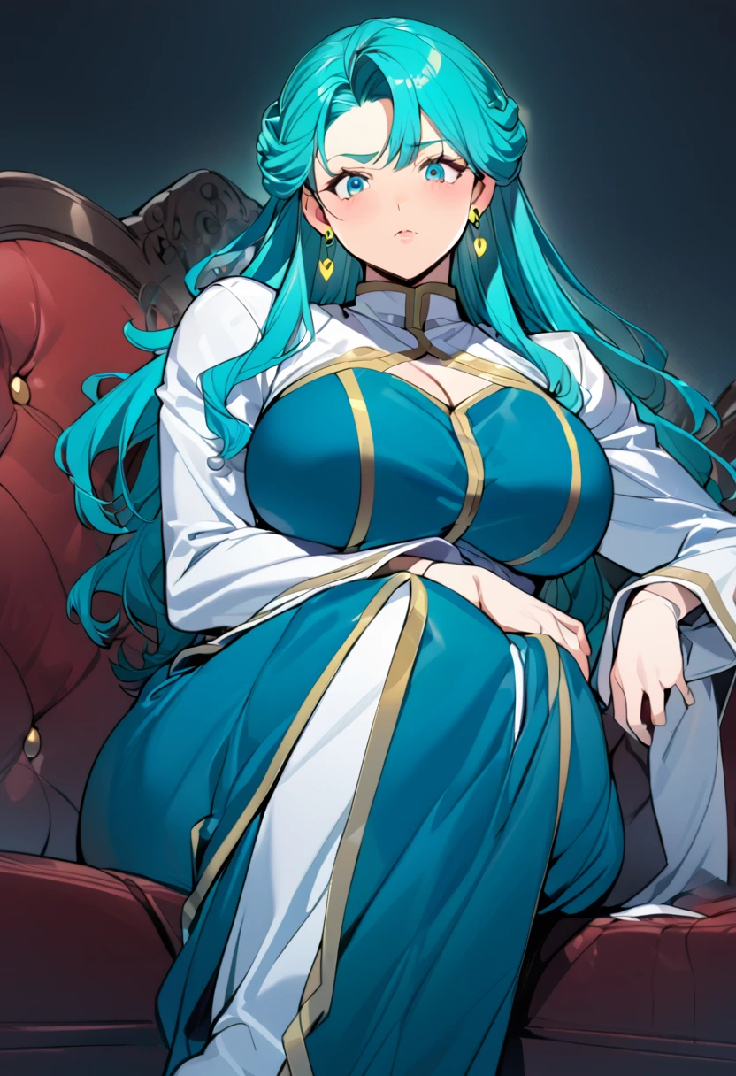 Anime, 1 woman, solo, Melony, melony's hairstyle, Cyan colored long hair, Green Beret, expressive eyes, BLUE eyes, yellow earings, busty, firm plump body, genetics's uniform, Very long skirt, sitting in a sofa with her legs crossed