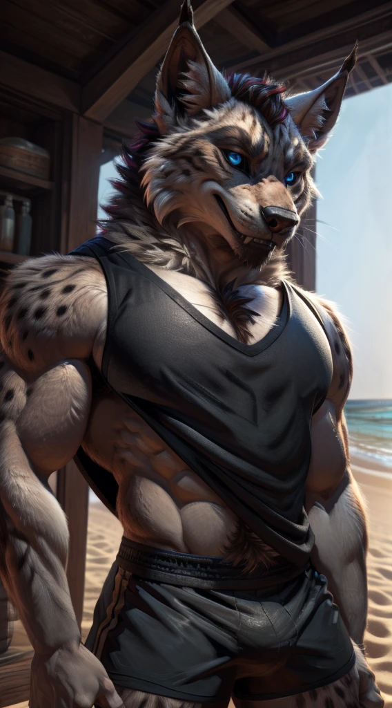 suggestive content, highres, super high resolution, beautiful details, beautiful blue eyes, depth of field, solo focus, detailed background, high quality, good lighting, high res, (((masterpiece))), 8k, depth of field, ray tracing, detailed background, great lighting, detailed face and body, detailed lighting, [cinematic lighting], [backlighting], [detailed ambient light], [gray natural lighting], [sharp focus], solo, black lynx cat, black lynx cat, black fur, black sclera, blue eyes, red chest hair, long black mane, male anthro cat furry, canid, feline, werecat, muscular, hunk, handsome, sexy, beefcake, stud, seductive expression
(Standing in an beautiful beach), (close up, extreme close up), (headshot):1.3, (wearing black gray tank top, summer shorts),
(detailed fluffy fur, fluffy, detailed fur):1.2, [tuft, neck tuft, neck fluff, tufted fur, fur tuft, inner ear fluff],
by darkgem, by honovy, by spectrumshift, by tarakanovich, by zourik,