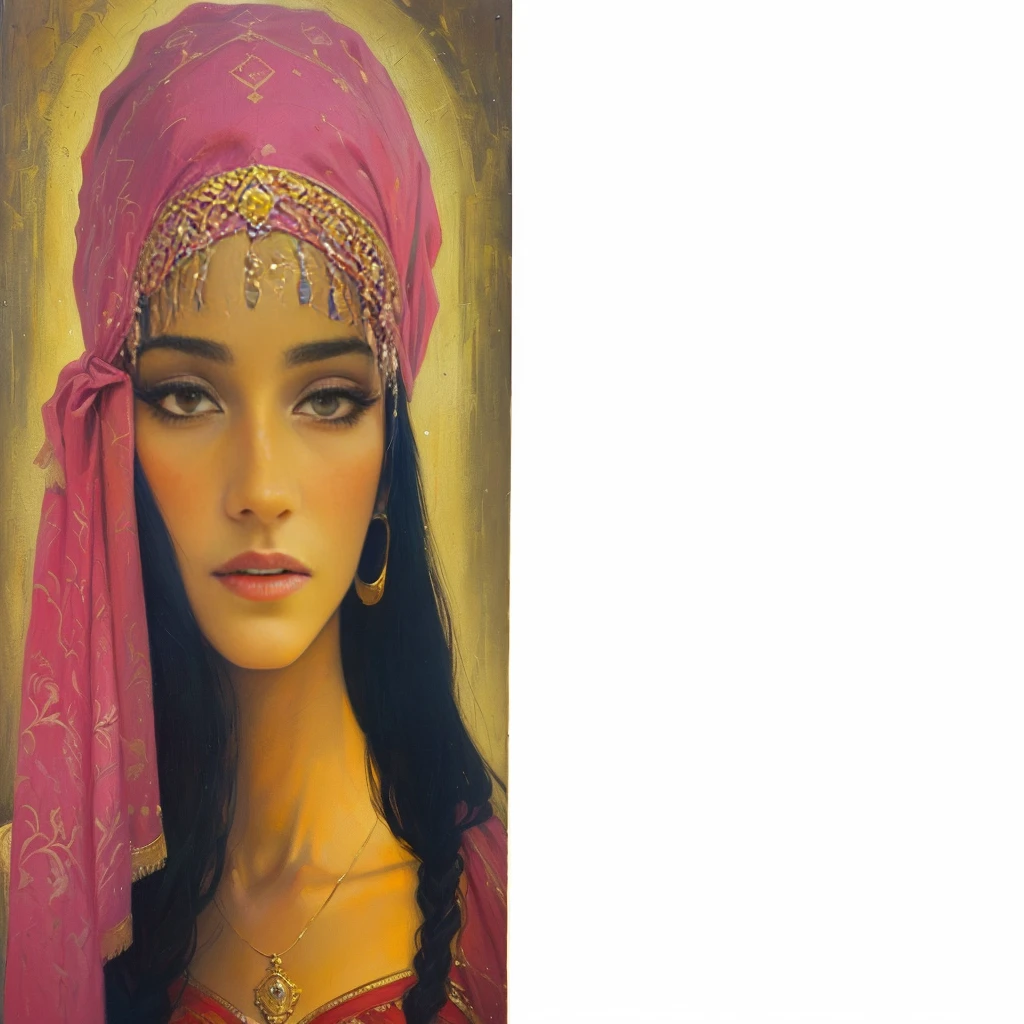 uma mulher with a pink scarf and a pink head scarf, portrait painting of a princess, inspired by Osman Hamdi Bey, inspired by Altoon Sultan, persian queen, painting of a woman, painting oil on canvas, ancient princess libu, Detailed oil on canvas, painting oil on canvas fosca, in the style of ancient painting, orientalist painting