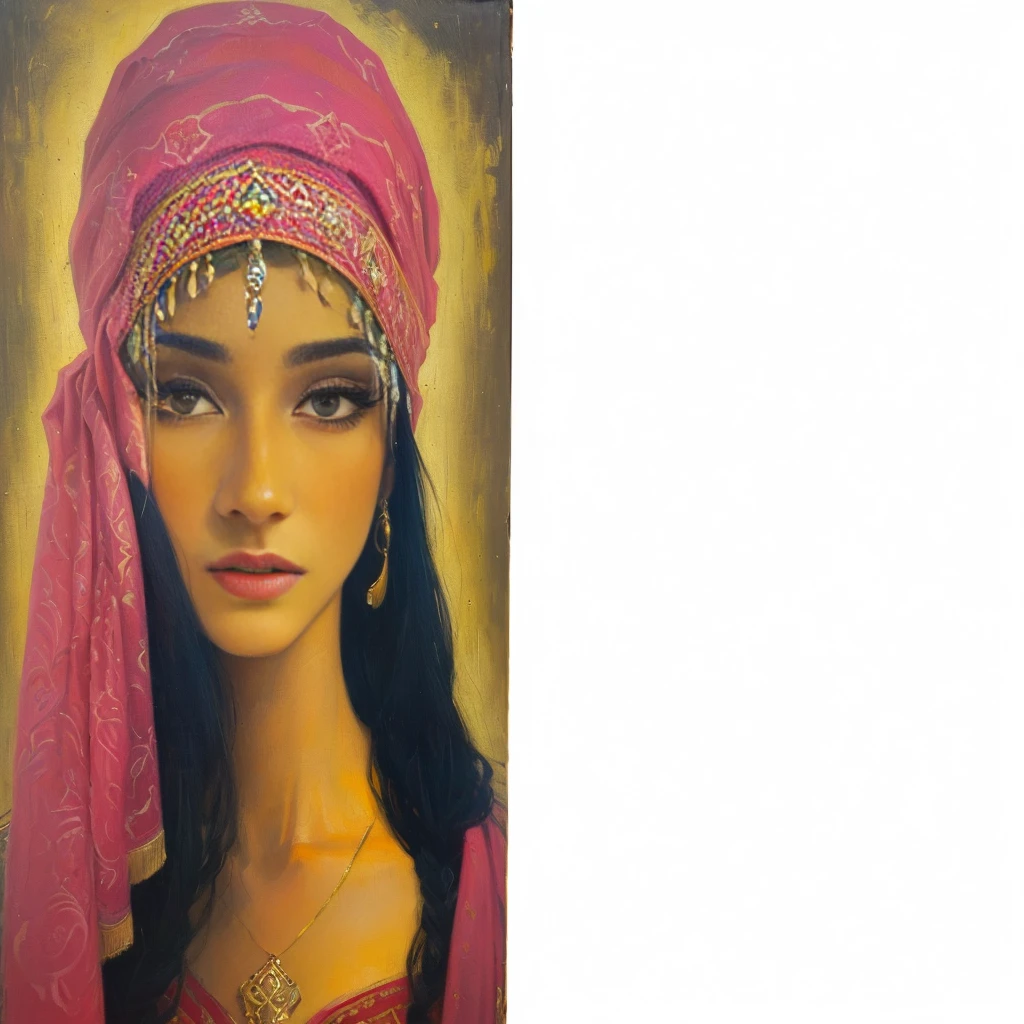 uma mulher with a pink scarf and a pink head scarf, portrait painting of a princess, inspired by Osman Hamdi Bey, inspired by Altoon Sultan, persian queen, painting of a woman, painting oil on canvas, ancient princess libu, Detailed oil on canvas, painting oil on canvas fosca, in the style of ancient painting, orientalist painting