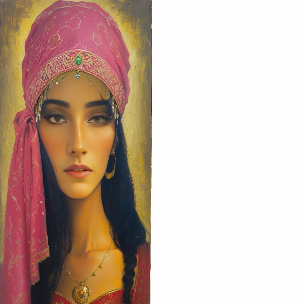 uma mulher with a pink scarf and a pink head scarf, portrait painting of a princess, inspired by Osman Hamdi Bey, inspired by Altoon Sultan, persian queen, painting of a woman, painting oil on canvas, ancient princess libu, Detailed oil on canvas, painting oil on canvas fosca, in the style of ancient painting, orientalist painting