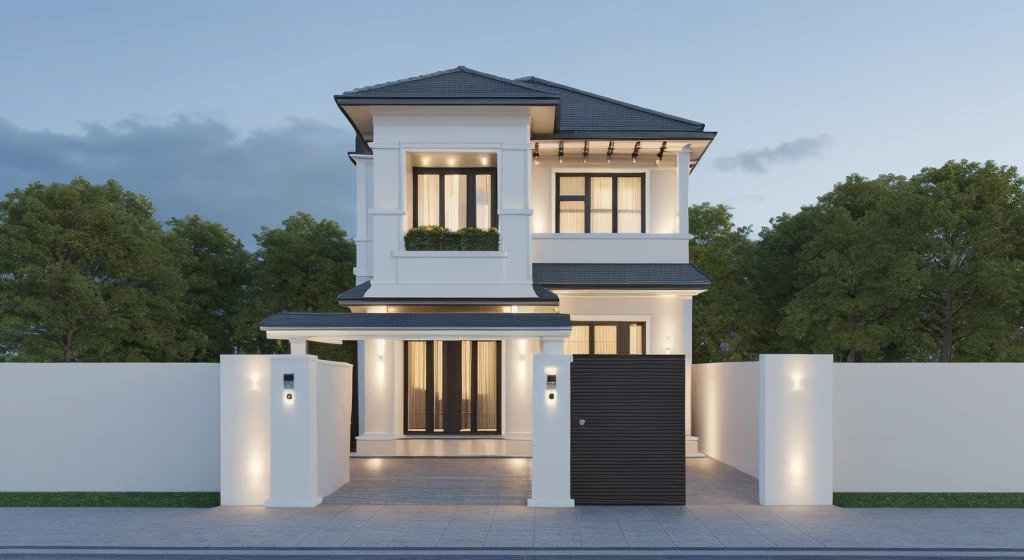 PLATFORM KTHOUSE, 1 morden villa, slope roof, main material of villa about build color wall:1.2 glass panel:1.1 and stone:1.2, 1large yard, 1 road runs in front of the house, (RAW photo, real, best quality, masterpiece:1.2), look morden minimalist, 1 road in front of the house, dynamic lighting:1.3, (hyper realistic, photo-realistic:1.2), high quality, (dark lighting:1.2), perfect lighting, archdaily, no human, light at 12 noon, light in door:1.2