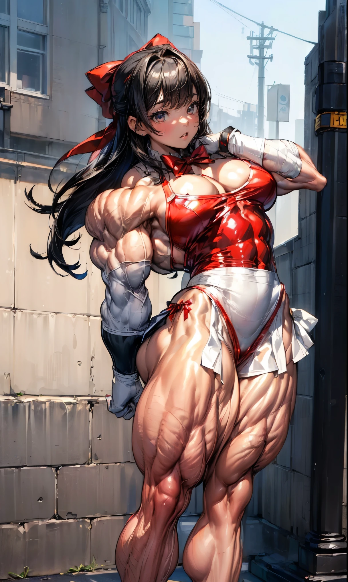 (Optimal lighting) , (Extremely complex and detailed) , 4K Unified, (Super detailed CG: 1.2) , (8K: 1.2),(Original), (masterpiece) , (best quality),(masterpiece:1.4),Anime-like high quality,(masterpiece),masterpiece, Ultra-clear picture quality,Compare...clearer,(Delicate face)best quality, absurd,((Master of Peace, 4K, 8K, Yes, high resolution))1个girl, ,,(Wonderful bass),((Bodybuilder:1.5))(girl),(miss),(((Upper Body:1))) Upper Body,Arm muscles close-up。Shop,on the street,Broad shoulders and thick back,Thick Arms,Amazing eight pack abs,Thick abs,Oily muscle reflex hydration,Burst vein,Close Mastery(((((White school uniform with red bow tie)))))(((((Black skirt)))))(((((boots)))))(((((on the street)))))(((((Legs close-up:1)))))((((((Thick Legs)))))(((((Bulging leg muscles)))))