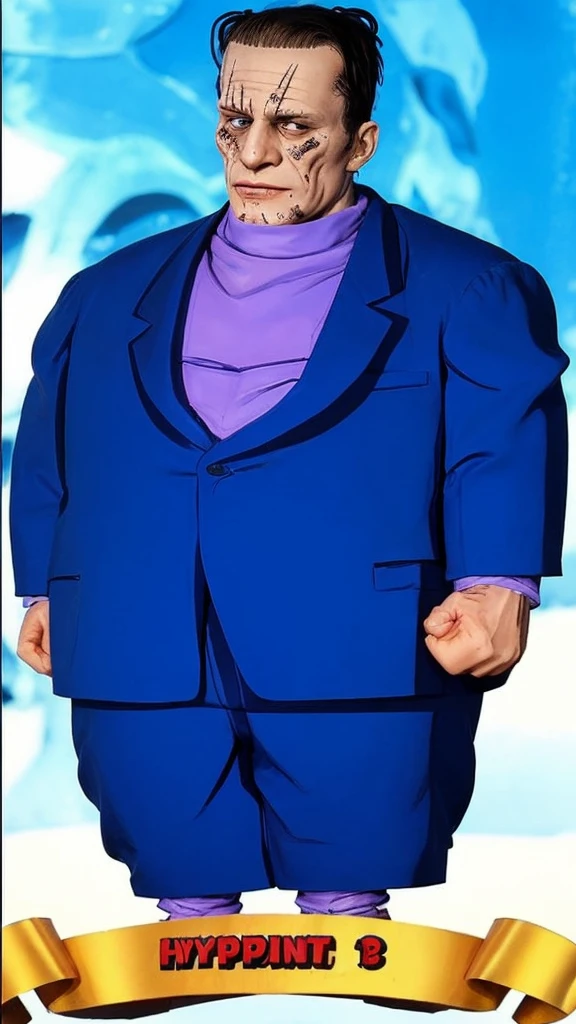 frankenstein in a blue suit - 1 scar on his face - round face - tender face - full hd hyperrealistic image 