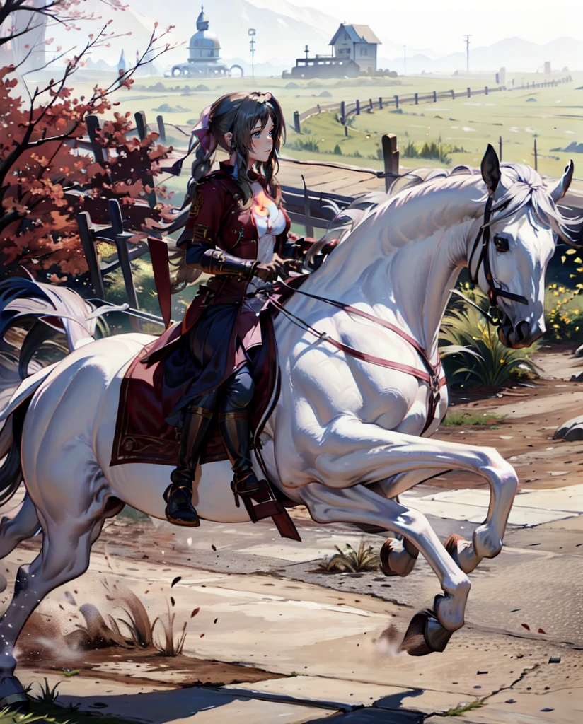 ((best quality)), ((anime masterpiece)), (high detailed), 8k, cinematic lighting, realistic, HDR, vivid color, a female knight riding a WHITE HORSE, {brunette}, medium breast, cleavage, (red armor, white gauntlet, pink miniskirt, brown boots), river, anatomically correct
