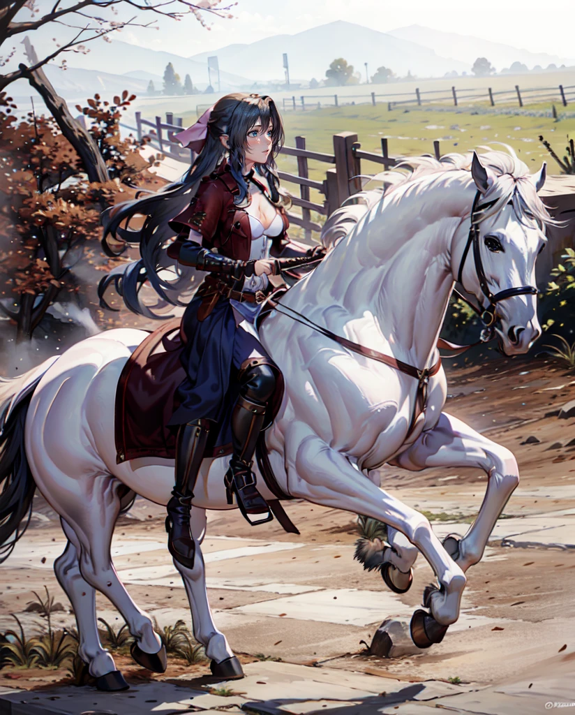 ((best quality)), ((anime masterpiece)), (high detailed), 8k, cinematic lighting, realistic, HDR, vivid color, a female knight riding a WHITE HORSE, {brunette}, medium breast, cleavage, (red armor, white gauntlet, pink miniskirt, brown boots), river, anatomically correct