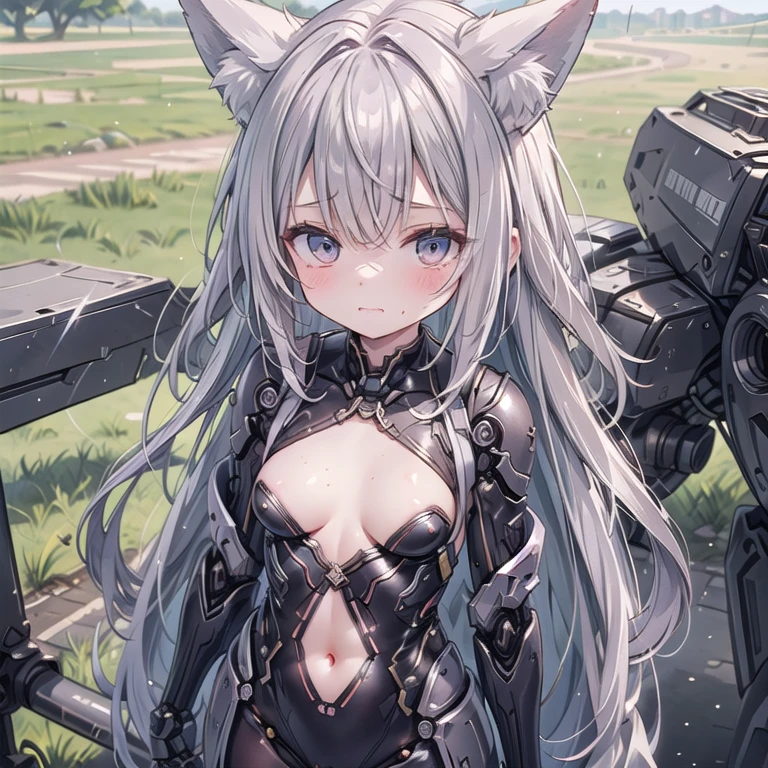 (Fox Girl, Fox Ears, Silver Hair, Fox Makeup, One Woman, Long Hair:1.6), (mecha musume, Machinery Parts,Robot Joints, Red color, I can see her cleavage, Skin is visible:1.8), (Body measurements are 75-60-75!, Young girl body, Small breasts, Emphasize the chest, Standing posture, Muscular, muscle:1.9), Avatar, face, lewd face, Dominant representation, naughty face, Uplifting, Skin Texture, outside, Grassy field