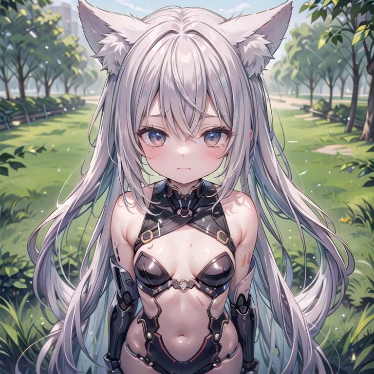 (Fox Girl, Fox Ears, Silver Hair, Fox Makeup, One Woman, Long Hair:1.6), (mecha musume, Machinery Parts,Robot Joints, Red color, I can see her cleavage, Skin is visible:1.8), (Body measurements are 75-60-75!, Young girl body, Small breasts, Emphasize the chest, Standing posture, Muscular, muscle:1.9), Avatar, face, lewd face, Dominant representation, naughty face, Uplifting, Skin Texture, outside, Grassy field