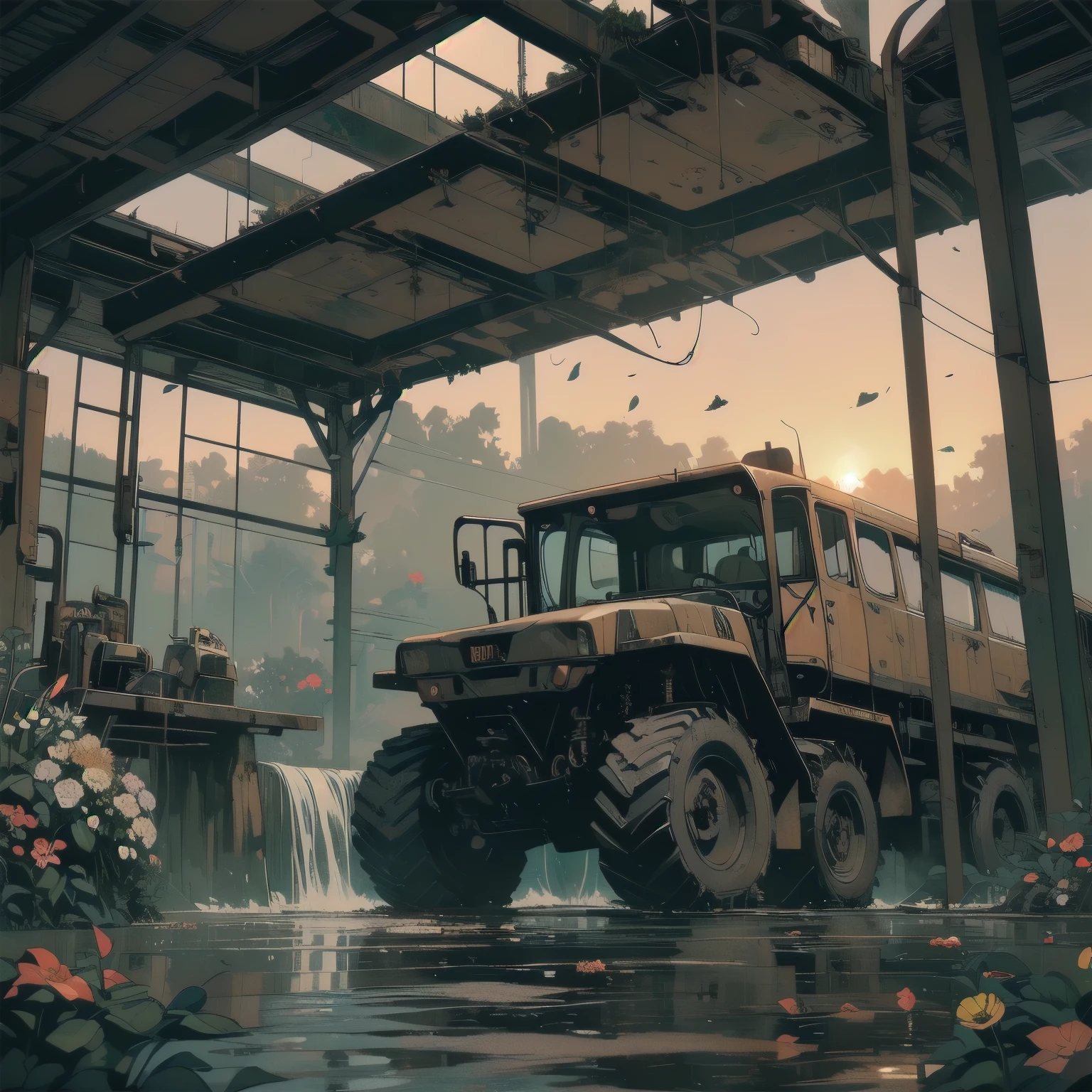 Detailed Machinery、Abandoned Factory、Atrium、(((Black flower garden)))、(((Rusty heavy equipment)))、Gorgeous light leaks、(((Sunset)))、fog、Detailed Background、Highest quality、(((No humans)))、Broken heavy machinery、Complex heavy machinery、Faint lighting、(((Fluttering black petals)))、sunset、(((Dull colors)))、(((Rusty detailed heavy machinery)))、(((Many black flowers fly)))、(((Heavy machinery covered in flowers)))、(((Lots of butterflies)))、(((Abandoned Garage)))、(((Submersion)))、(((waterfall from the ceiling)))