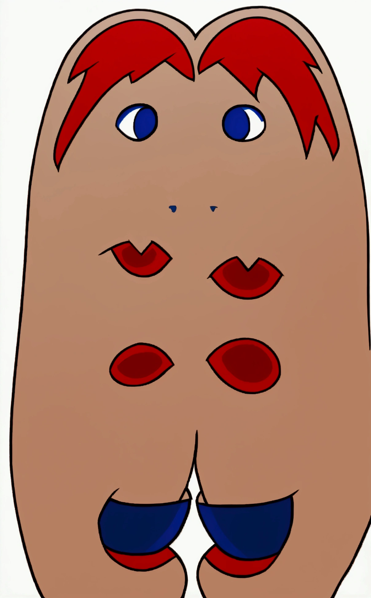 [less8 Pacman ghost], ((Masterpiece)), ((High Definition)), ((high quality)), ((detailed shading)), ((beautiful rendering art)), ((solo portrait)), ((whole body)), ((front view)), ((intricate details)), standing, by Pixelsketcher, dress, Blue eyes, Red hair, red dress, short hair, BIG BREASTS, short dress, shoes, red shoes, neckline, sleeveless dress,(Blue socks), human,hair ornament, White background, Alone, hands on the hips, 