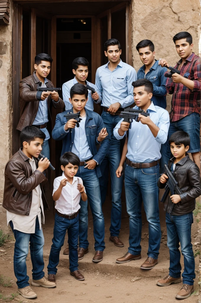 five brothers and a father pointing guns at a young man 