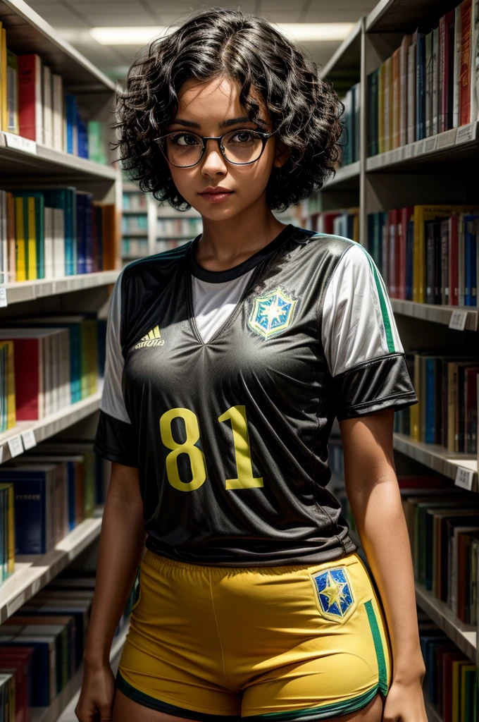 1 latina girl, black hair, short hair, curly hair, white skin, Brazil national team shirt, round eyewear, glasses, library, green eyes, solo, leaning towards viewer, black eyeliner