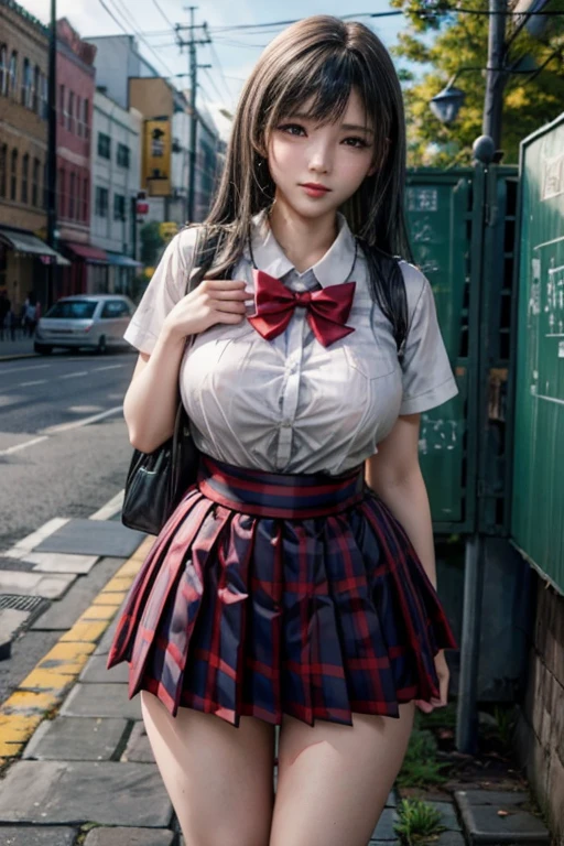 school girl uniform , steam , rain , plaid skirt , pleated skirt , The shirt is tight. , white shirt , school girl , red bow , red knot