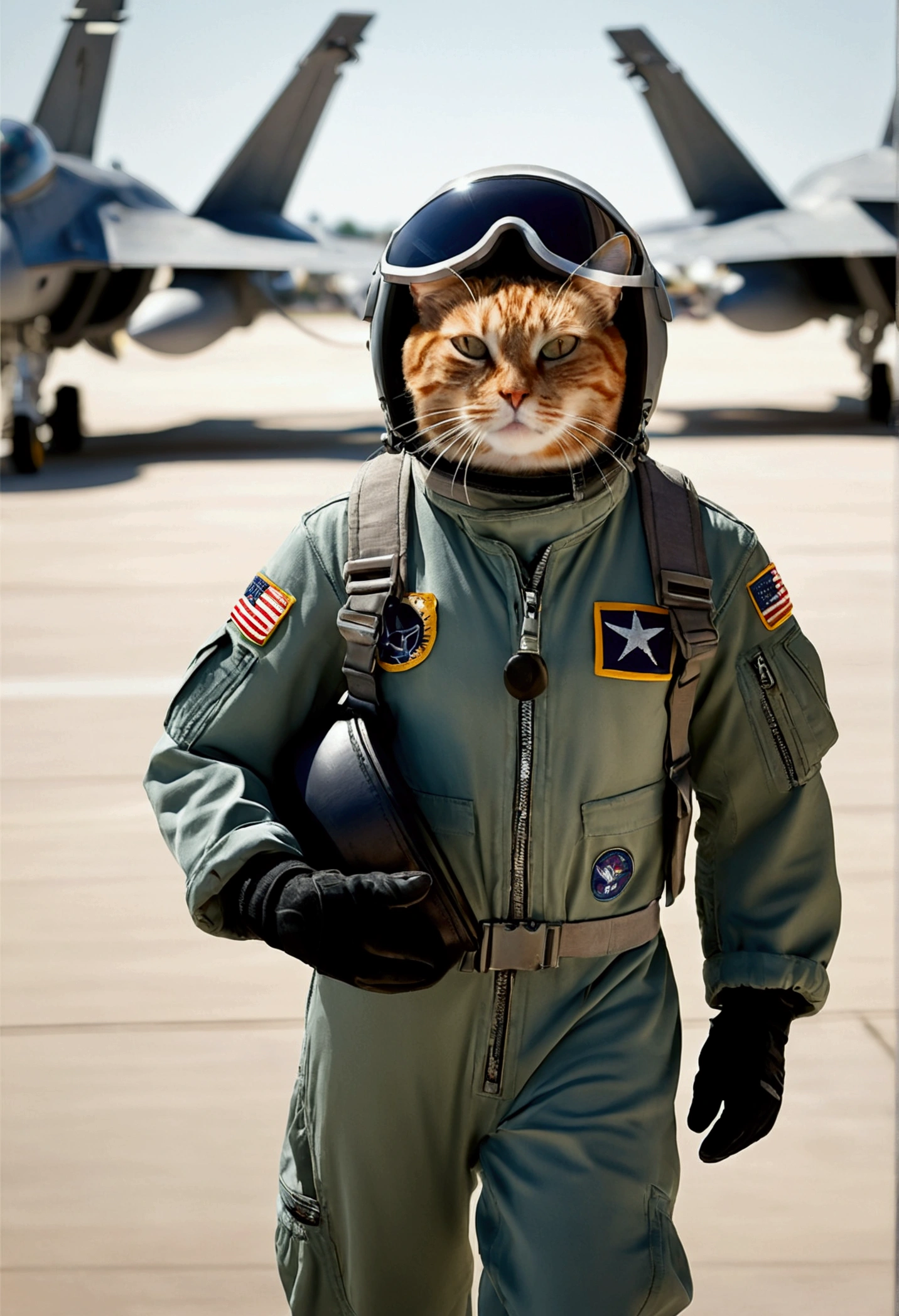 It illustrates a very realistic scene featuring a squadron of elite feline pilots at an air base. These feline pilots are dressed in detailed flight suits and walk purposefully down the runway. Each cat holds a flight helmet under his arm, showing a sense of preparedness and professionalism. The background should show a bustling military air base with F-18 fighter jets, hangars and ground personnel in action. The scene should capture the dynamic environment of an operational air base, with attention to realistic details such as the texture of flight suits, helmet design, and aircraft structure. Cats' expressions should convey determination and focus, embodying the elite nature of their roles. Key elements to include: Squad of cat pilots with detailed flight suits. Each cat holds a flight helmet. F-18 fighter jets are prominently displayed in the background. Busy air base with active aircraft, hangars and ground crew. Cat expressions that reflect determination and professionalism. Style: Very realistic with meticulous attention to details.
