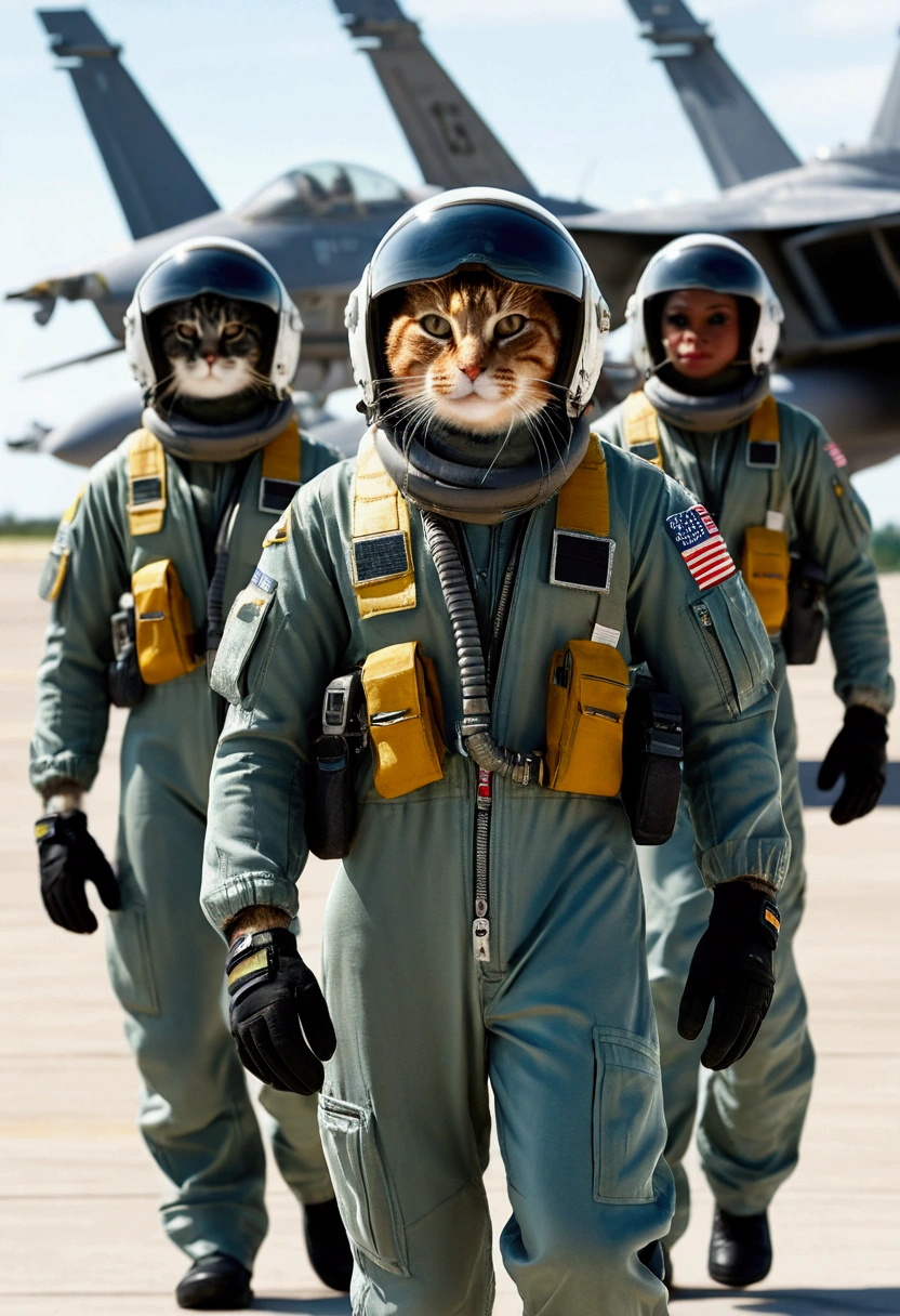 It illustrates a very realistic scene featuring a squadron of elite feline pilots at an air base. These feline pilots are dressed in detailed flight suits and walk purposefully down the runway. Each cat holds a flight helmet under his arm, showing a sense of preparedness and professionalism. The background should show a bustling military air base with F-18 fighter jets, hangars and ground personnel in action. The scene should capture the dynamic environment of an operational air base, with attention to realistic details such as the texture of flight suits, helmet design, and aircraft structure. Cats' expressions should convey determination and focus, embodying the elite nature of their roles. Key elements to include: Squad of cat pilots with detailed flight suits. Each cat holds a flight helmet. F-18 fighter jets are prominently displayed in the background. Busy air base with active aircraft, hangars and ground crew. Cat expressions that reflect determination and professionalism. Style: Very realistic with meticulous attention to details.