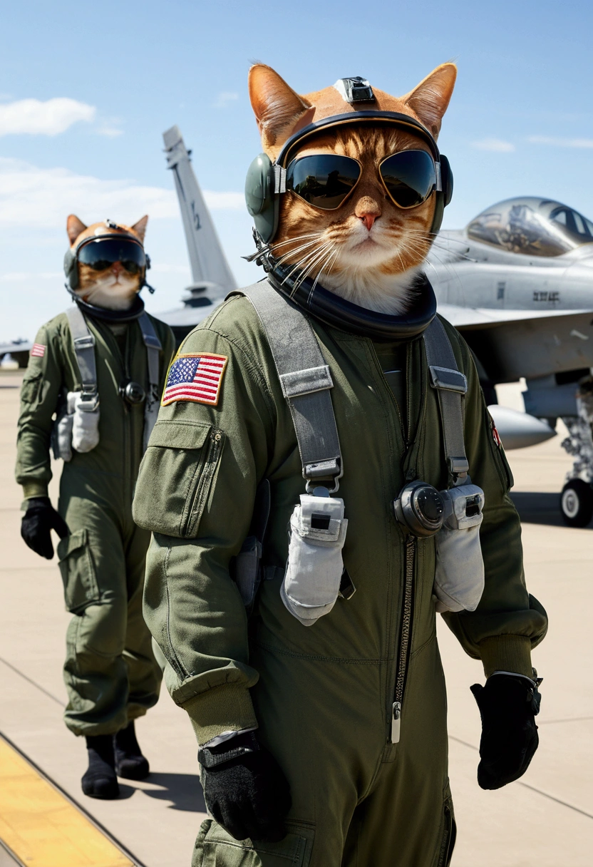 It illustrates a very realistic scene featuring a squadron of elite feline pilots at an air base. These feline pilots are dressed in detailed flight suits and walk purposefully down the runway. Each cat holds a flight helmet under his arm, showing a sense of preparedness and professionalism. The background should show a bustling military air base with F-18 fighter jets, hangars and ground personnel in action. The scene should capture the dynamic environment of an operational air base, with attention to realistic details such as the texture of flight suits, helmet design, and aircraft structure. Cats' expressions should convey determination and focus, embodying the elite nature of their roles. Key elements to include: Squad of cat pilots with detailed flight suits. Each cat holds a flight helmet. F-18 fighter jets are prominently displayed in the background. Busy air base with active aircraft, hangars and ground crew. Cat expressions that reflect determination and professionalism. Style: Very realistic with meticulous attention to details.