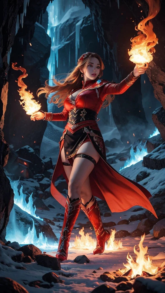In a world where the spirits of fire and ice are in conflict, the fire spirits are invading the territory of the ice spirits. Clad in red flames, the fire spirits melt the ice caves and frozen forests, engaging in fierce battles with the ice spirits. The background depicts a magnificent scene of fire and ice clashing, with the most intense confrontation between fire and ice. 8k , HD, highly detailed, realistic, photography, photo realism, --ar 9:16 -- at 6.0 --s 750, 19 years old, alone, Long Hair, View your viewers, Blonde, Brown eyes, gem, whole body, Realistic, Sexy、Big Breasts 、stockings、clip on earrings,during,bracelet、embarrassed,blouse、