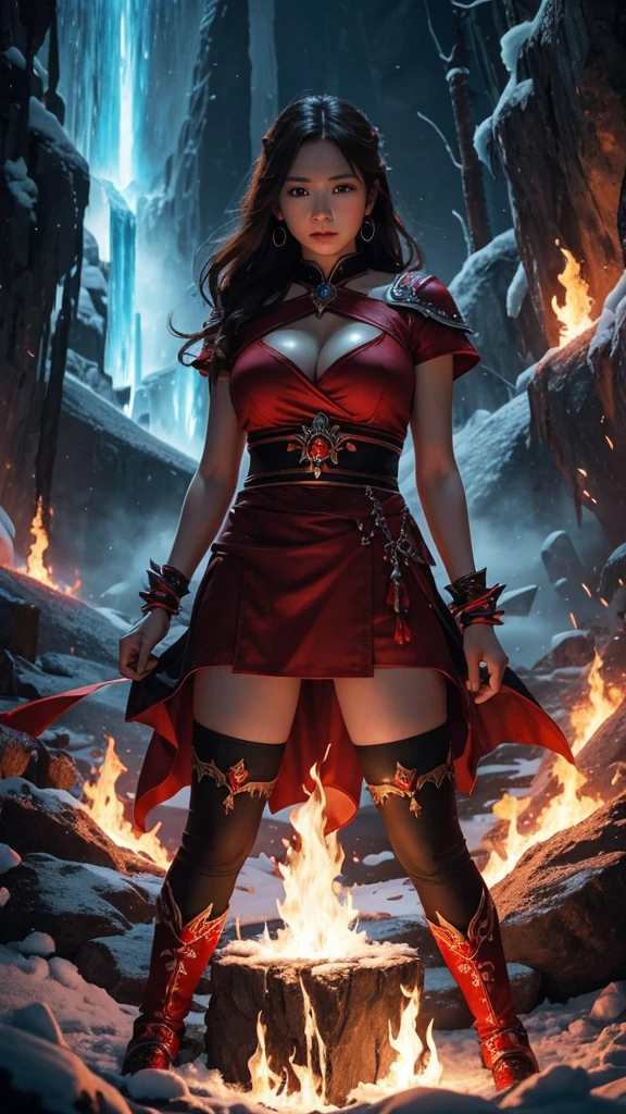 (masterpiece, best quality), nsfw,Mature Woman,23 years old,1 mature female,25yo,cleavage,(female wizard surrounded and attacked by multiple goblins during a battle),(Heinous estrus goblin),(red blush,crying),((torn gorgeous wizard dress:1.2)),(attacking magic,fire ball),dynamic pose,dynamic angle,micro panties