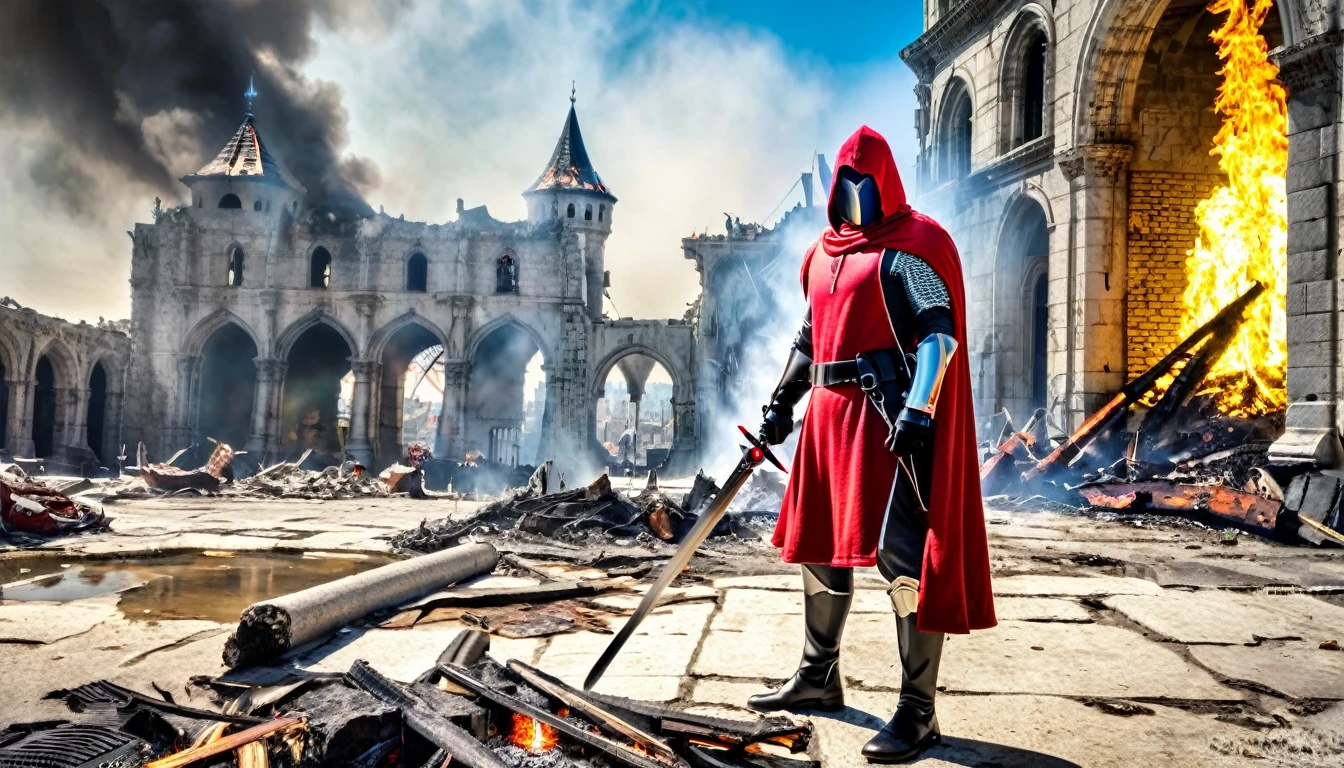 hdr, best 24k image, with shining armor a templar soldier, sword, with red hood, in front of a destroyed city, ruins fire, smoke, clear day