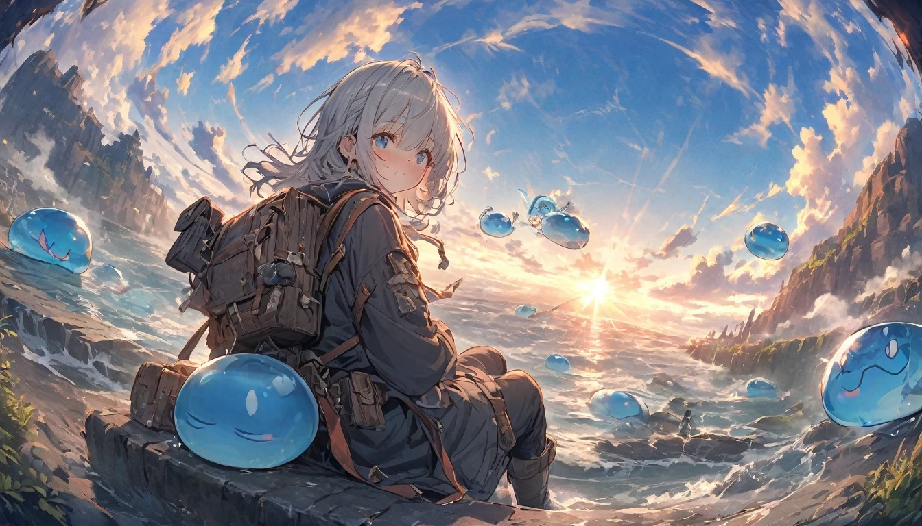 A small swordsman riding a blue slime, Dungeons、Clear blue sky、adventure、Fisheye Lens、SLR、Feel the depth、Fun Expressions、Gazing into the distance、From behind