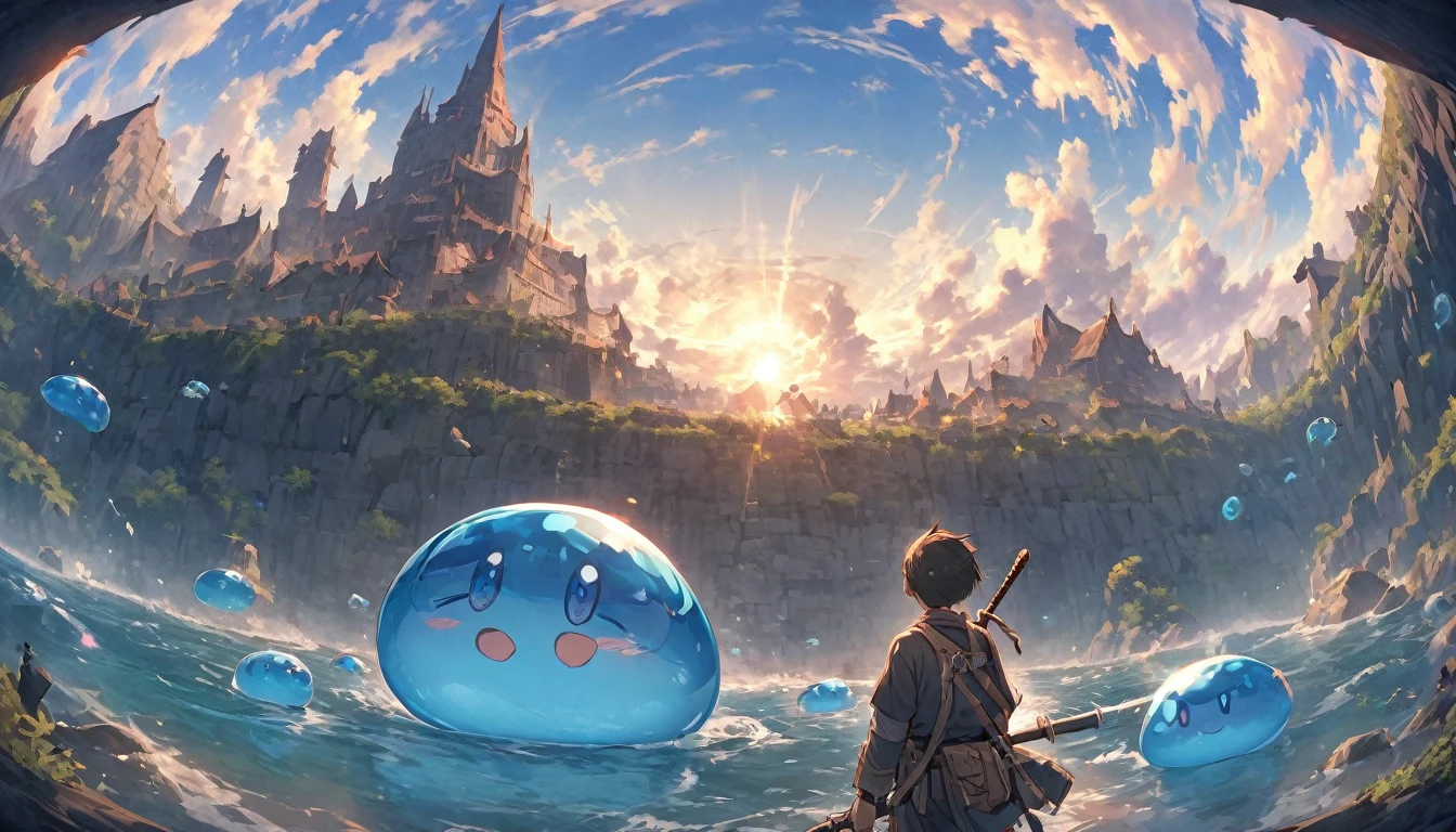 A small swordsman riding a blue slime, Dungeons、Clear blue sky、adventure、Fisheye Lens、SLR、Feel the depth、Fun Expressions、Gazing into the distance、From behind