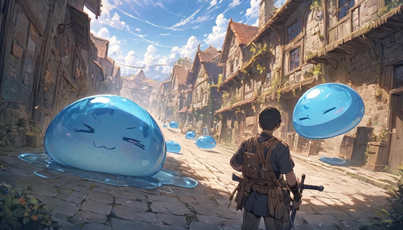 A small swordsman riding a blue slime, Dungeons、Clear blue sky、adventure、Fisheye Lens、SLR、Feel the depth、Fun Expressions、Gazing into the distance、From behind