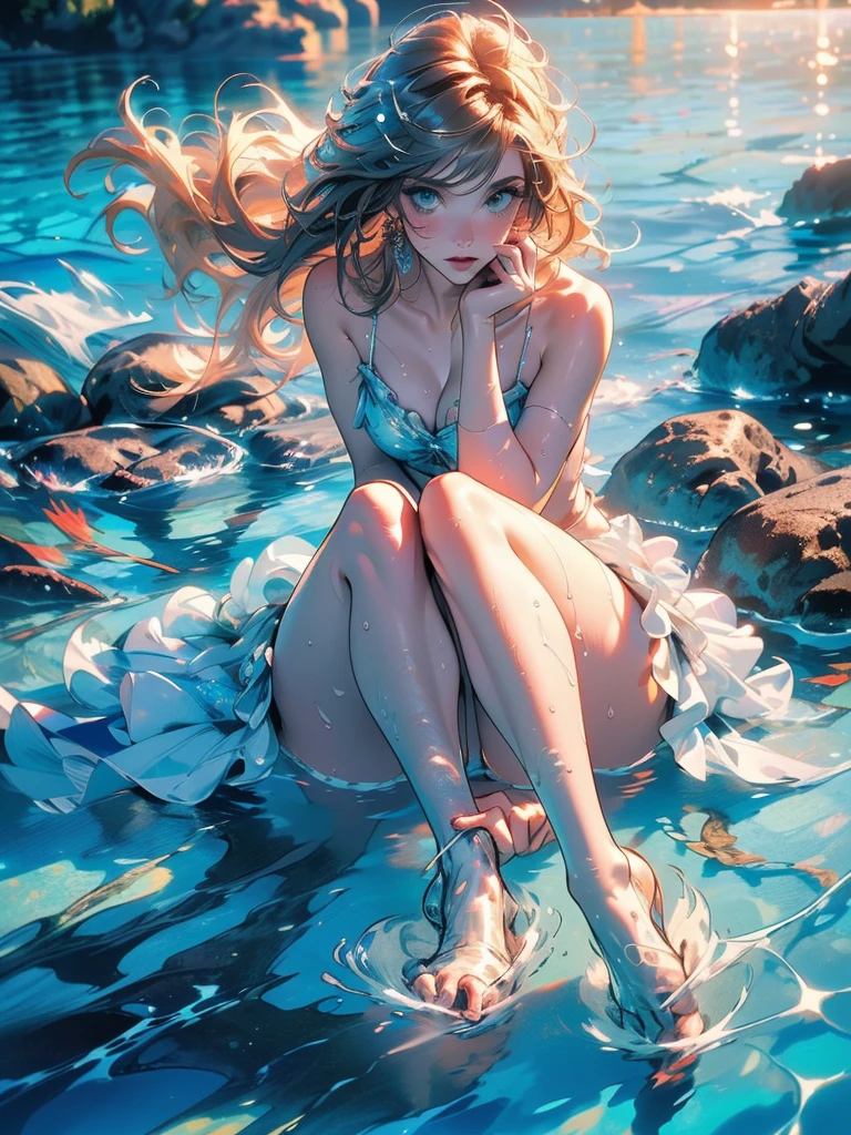 maximum quality, work of art, ultra high definition, (photorrealistic: 1.4), CRU photo, 1 girl, light hair, shining skin, body soaking wet, dramatic lighting, whole body, (((microbiquini)), Colossal, (((with your feet in the sea water, clear and vivid blue water)))
