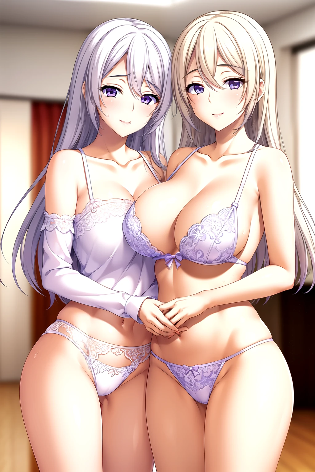 2 girls, mother(blue eyes, Blonde Hair) and daughter(violet eyes, White Hair), mother (Watase Otoha, blue eyes, Blonde Hair), daughter(Watase Nagisa, violet eyes, White Hair),Light滑的皮肤, Good, lace, underwear,Full body pictures, 25 years old,Young women,beautiful Finger,beautiful long legs,beautiful body,beautiful Nose,beautiful character design, perfect Eye, perfect Face,expressive Eye,Perfect balance, Looking at the audience,(Focus on her Face),housing, (Innocent_Big goals_Eye:1.0),Light_Smile, Official Art,Very detailed CG unity 8k wallpaper, Perfect lighting,rich and colorful, bright_front_Face_Lighting,Light skin, (masterpiece:1.0),(the best_quality:1.0), Ultra-high resolution,4K,Very detailed, photography, 8K, Human Development Report, high resolution, absurd:1.2, Kodak Portrait 400, Film Grain, Blurred background, Bokeh:1.2, Lens Light Halo, (Energetic_color:1.2),专业photography师, (beautiful,Chest:1.3 (beautiful_Face:1.5),(narrow_waist),Smile, Happy，Slim,2 girls, mother and daughter, Good, underwear