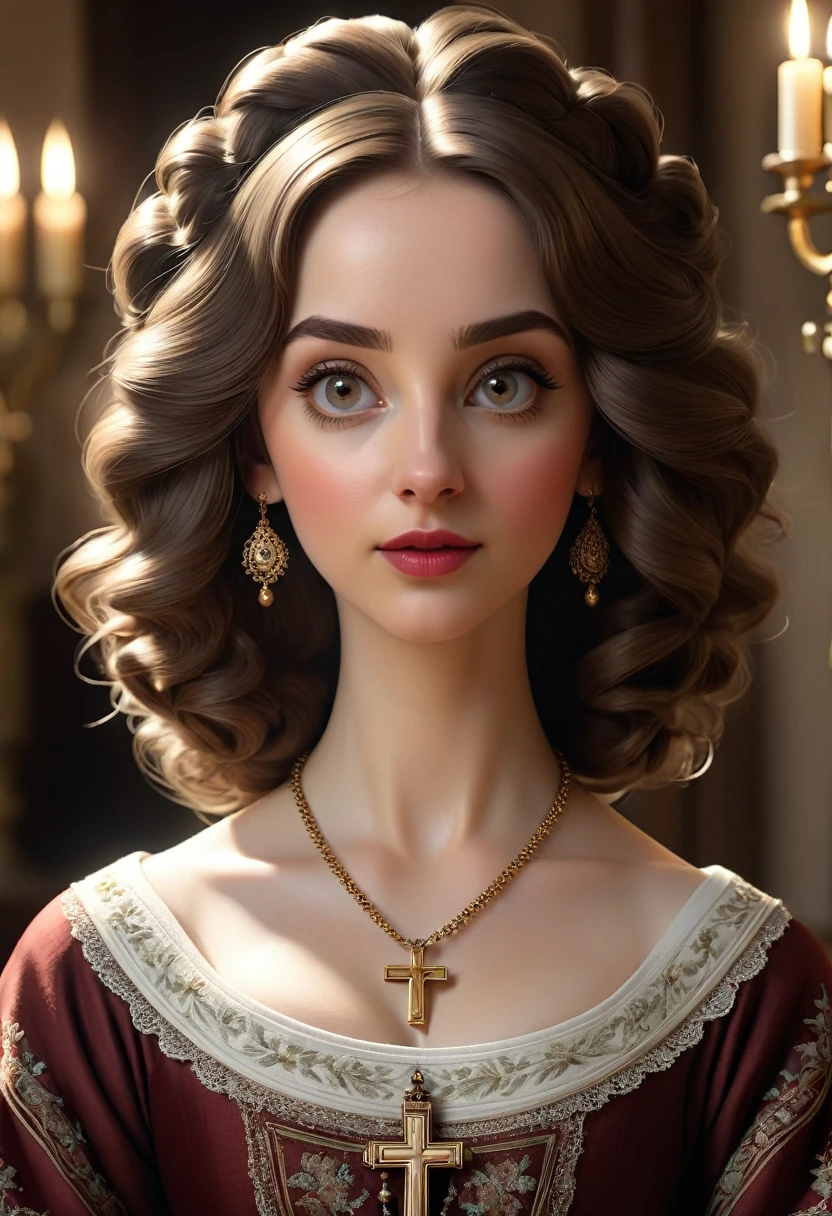 A beautful jewish women with a thick bush unibrow and a large bulbous nose. brown hair that is extremy curly and kinky, Traditional jewish dress. Ultra HD, with Rococo he symmetrical face, photorealistic photography, path tracing, specular lighting, and volumetric face light enhance the details. The scene is captured in maximum quality, masterpiece, 8K high resolution, and top quality.Alison Brie, Dove Cameron, Scarlett Johanson. Epc lighting, striking silhouette. crucifix necklace. Doe eyes. The epitome of old wpr;d beauty and charm. The symmetrical face, photorealistic photography, path tracing, specular lighting, and volumetric face light enhance the details. The scene is captured in maximum quality, masterpiece, 8K high resolution, and top quality. style of H. A. Brendekilde