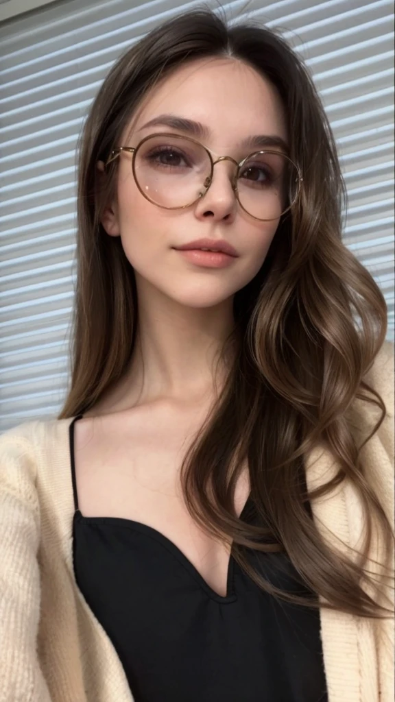 photo of a brunette with a blonde balayage from the middle of her hair to the ends woman with black rim glasses