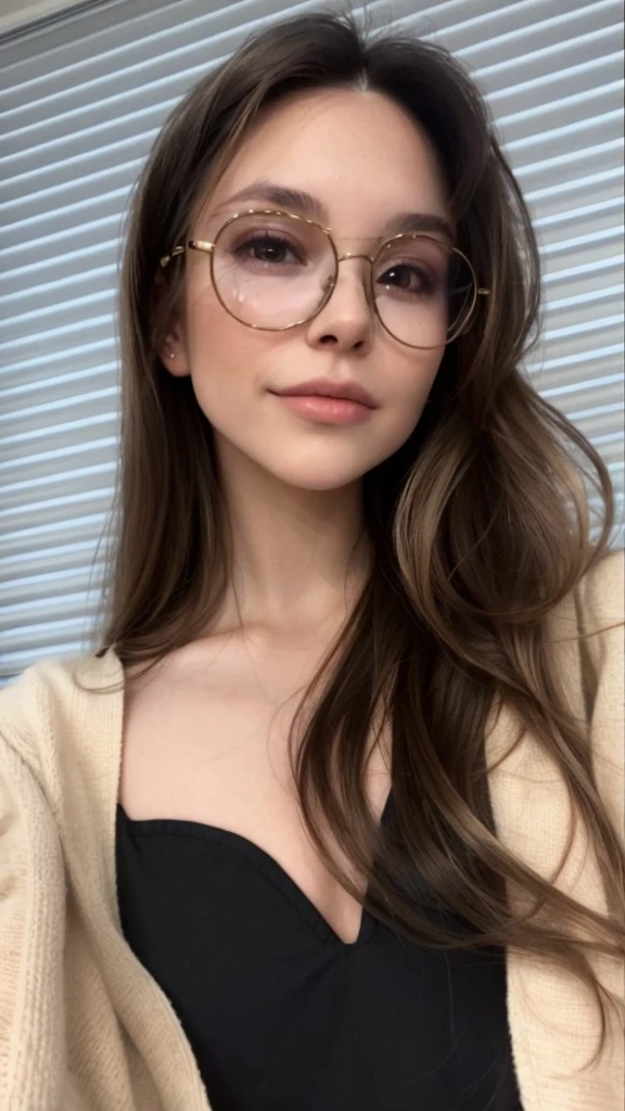 photo of a brunette with a blonde balayage from the middle of her hair to the ends woman with black rim glasses