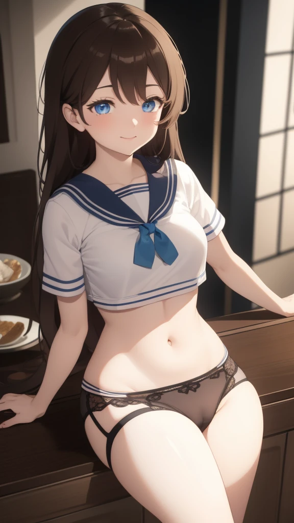 A woman with brown hair, bikini, girl, lifts up the skirt to reveal underwear, labia, pubic mound, camel toe, table, hands on the table, labia rub against the corner of the table, woman at the corner of the table, wet underwear, gentle, sailor uniform , wearing a pink and white sailor suit, blue eyes, racing girl, Du Qiong, smile, gentle, covering one eye, light blue eyes, hairpin, halodon't have excessive composition problems, masterpiece, perfect composition, fine characterization, extreme details, coordination of light and shadow (correct proportion of facial features), (exquisitely carved face), epic work, 8K, (representative work), ( high quality), (super detailed), ((illustration)), skirt, black stockings