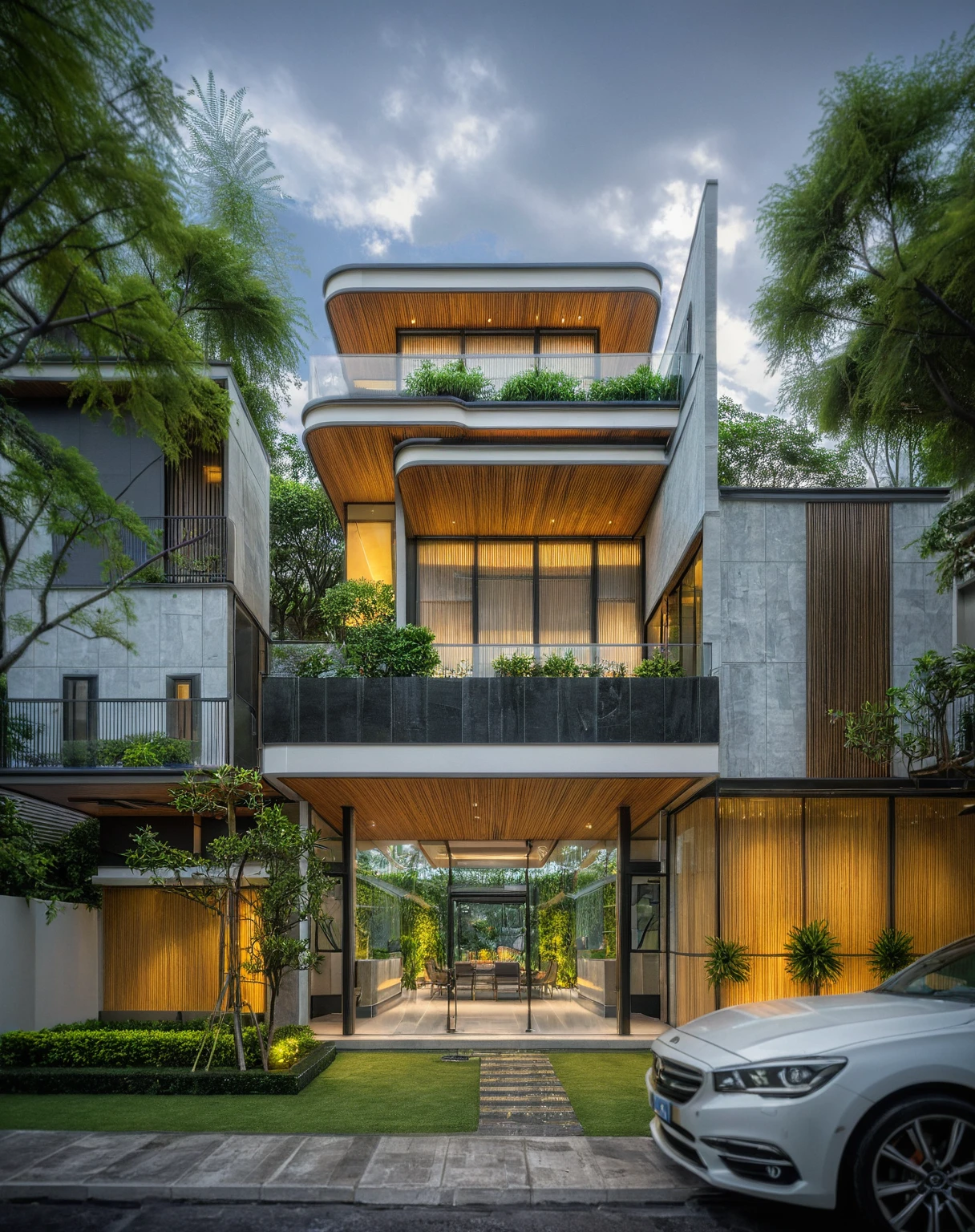 modern villa on street, (overcast lighting:1.2), tropical tree, vivid color, streetcapes, nice sky, grey and wwhite tone, (large glass door:1.2), warm interior lighting, modern material, best quality, ultra realistic, masterpiece, 17ArchiAI_XL_VL-v1