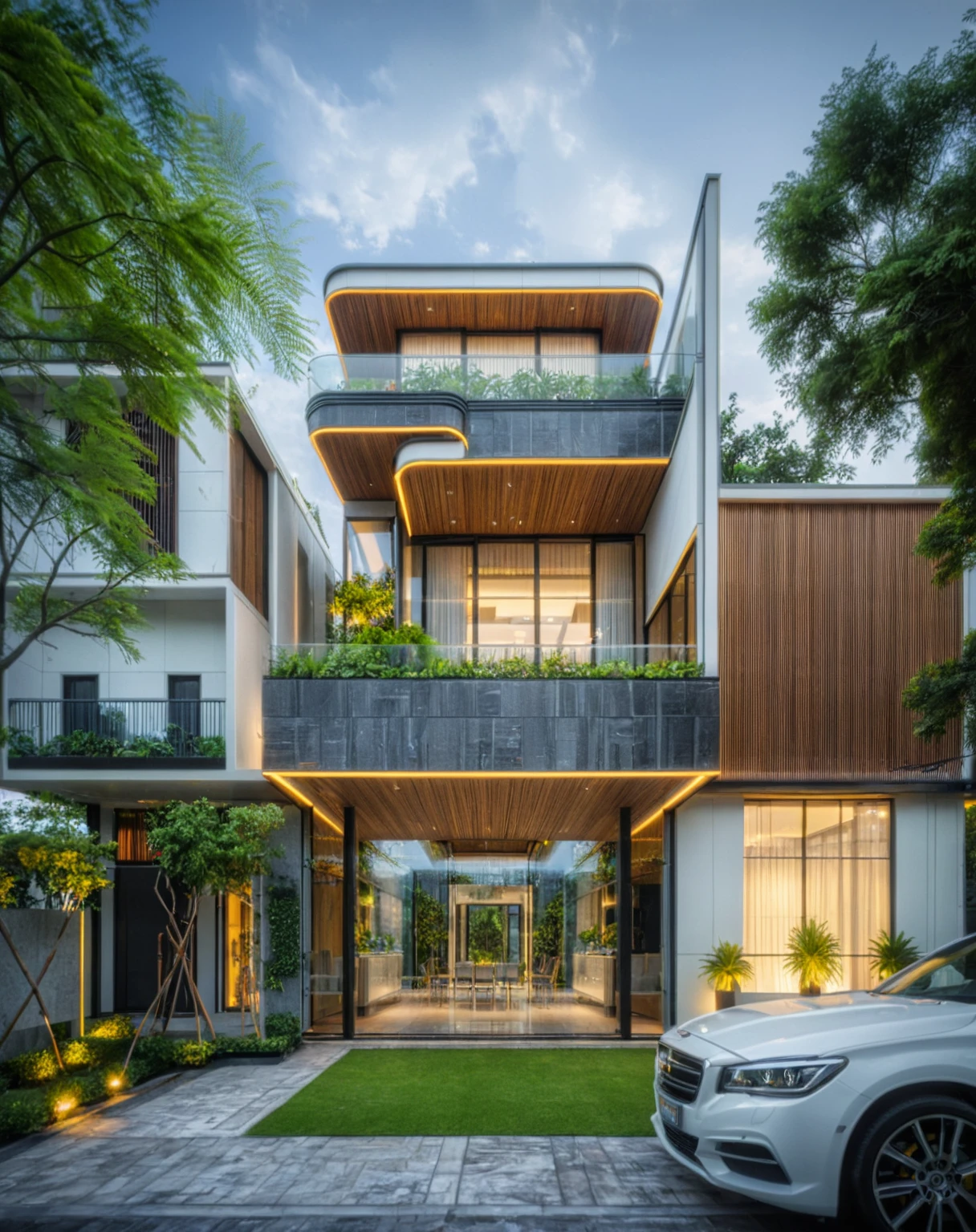modern villa on street, (overcast lighting:1.2), tropical tree, vivid color, streetcapes, nice sky, grey and wwhite tone, (large glass door:1.2), warm interior lighting, modern material, best quality, ultra realistic, masterpiece, 17ArchiAI_XL_VL-v1
