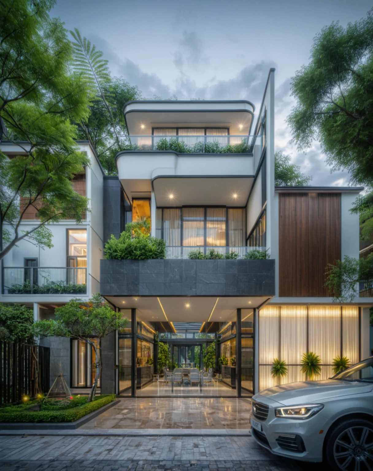 modern villa on street, (overcast lighting:1.2), tropical tree, vivid color, streetcapes, nice sky, grey and wwhite tone, (large glass door:1.2), warm interior lighting, modern material, best quality, ultra realistic, masterpiece, 17ArchiAI_XL_VL-v1
