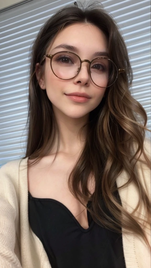 photo of a brunette with a blonde balayage from the middle of her hair to the ends tips with   woman with black rim glasses