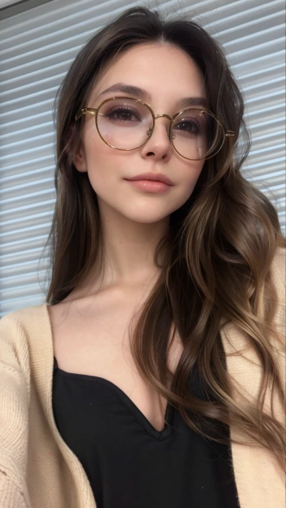 photo of a brunette with a blonde balayage from the middle of her hair to the ends tips with woman with black rim glasses