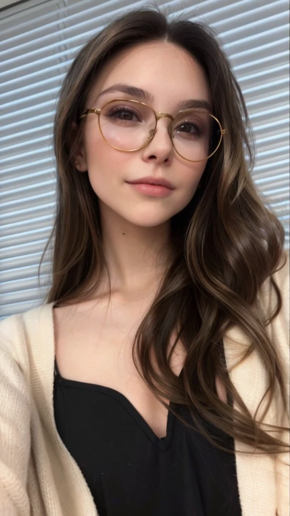 photo of a brunette with a blonde balayage from the middle of her hair to the ends tips with   woman with black rim glasses