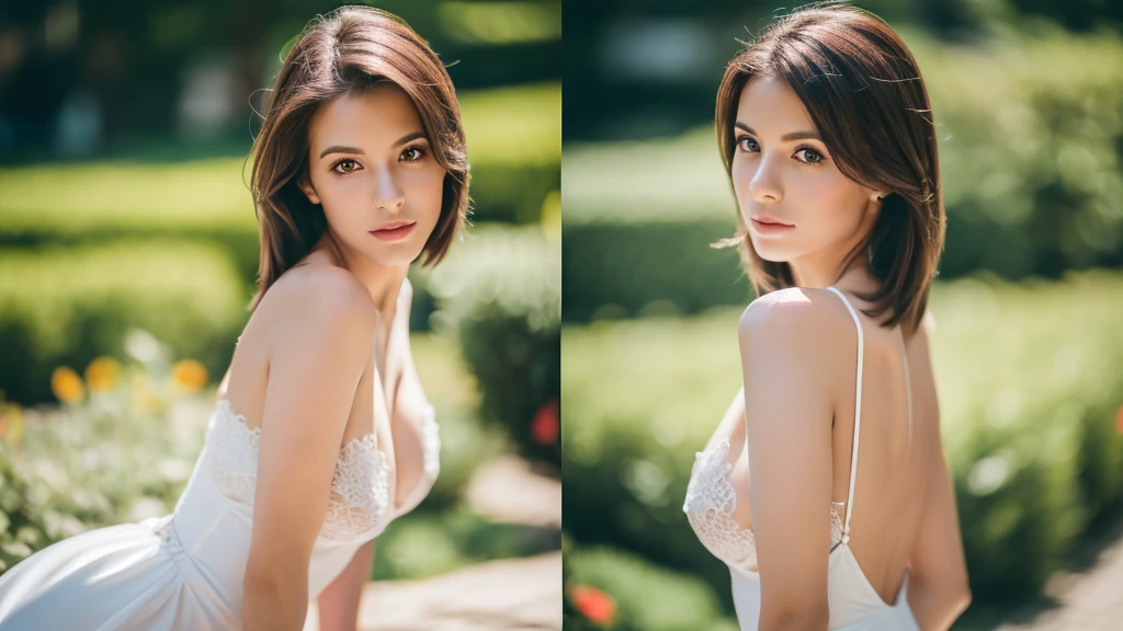 ((Full-Length Shot)),cinematic photo (best quality, high quality, sharp focus:1.4), european beautiful woman, model face, slim, breasts, best quality, realistic ,masterpiece, bokeh, 4k , white dress . 35mm photograph, film, bokeh, professional, 4k, highly detailed