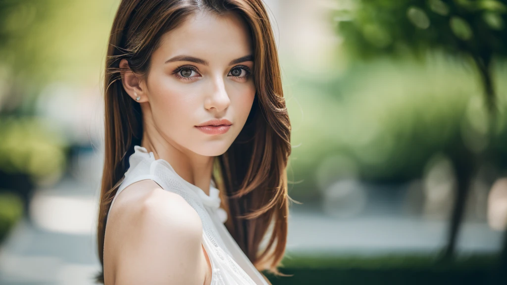 ((Full-Length Shot)),cinematic photo (best quality, high quality, sharp focus:1.4), european beautiful woman, model face, slim, breasts, best quality, realistic ,masterpiece, bokeh, 4k , white dress . 35mm photograph, film, bokeh, professional, 4k, highly detailed
