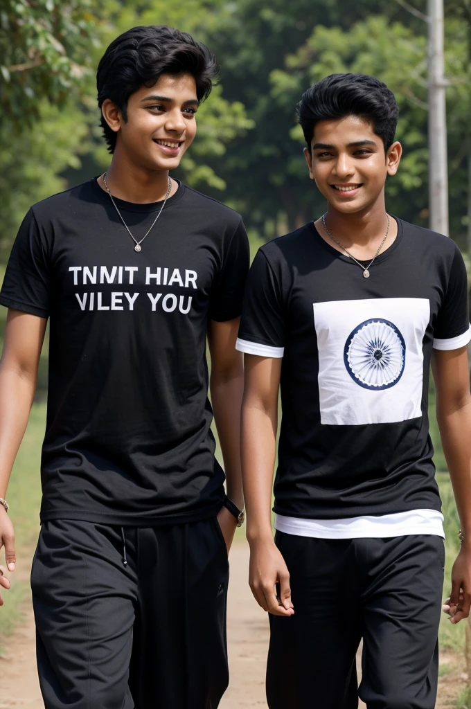 two indian boys walking on road, they are talking each other with laughing, first boy is wearing black T-shirt, with black pant, with name "pritam" and second boy wearing White T-shirt on which Name "sachin" is written, realistic image , 4k quality image. the words best friends written at top sky , make sure name should be visible.