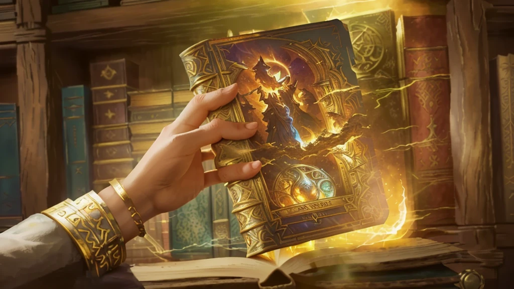 a close up of a person holding a book in front of a book shelf, holding spell book, floating spellbook, holding grimoire, magic book, magic library, fantasy book illustration, holding a tattered magical book, alchemist library background, arcane books, spell book, fantasy rpg book illustration, hearthstone card artwork, fantasy game spell, fantasy book