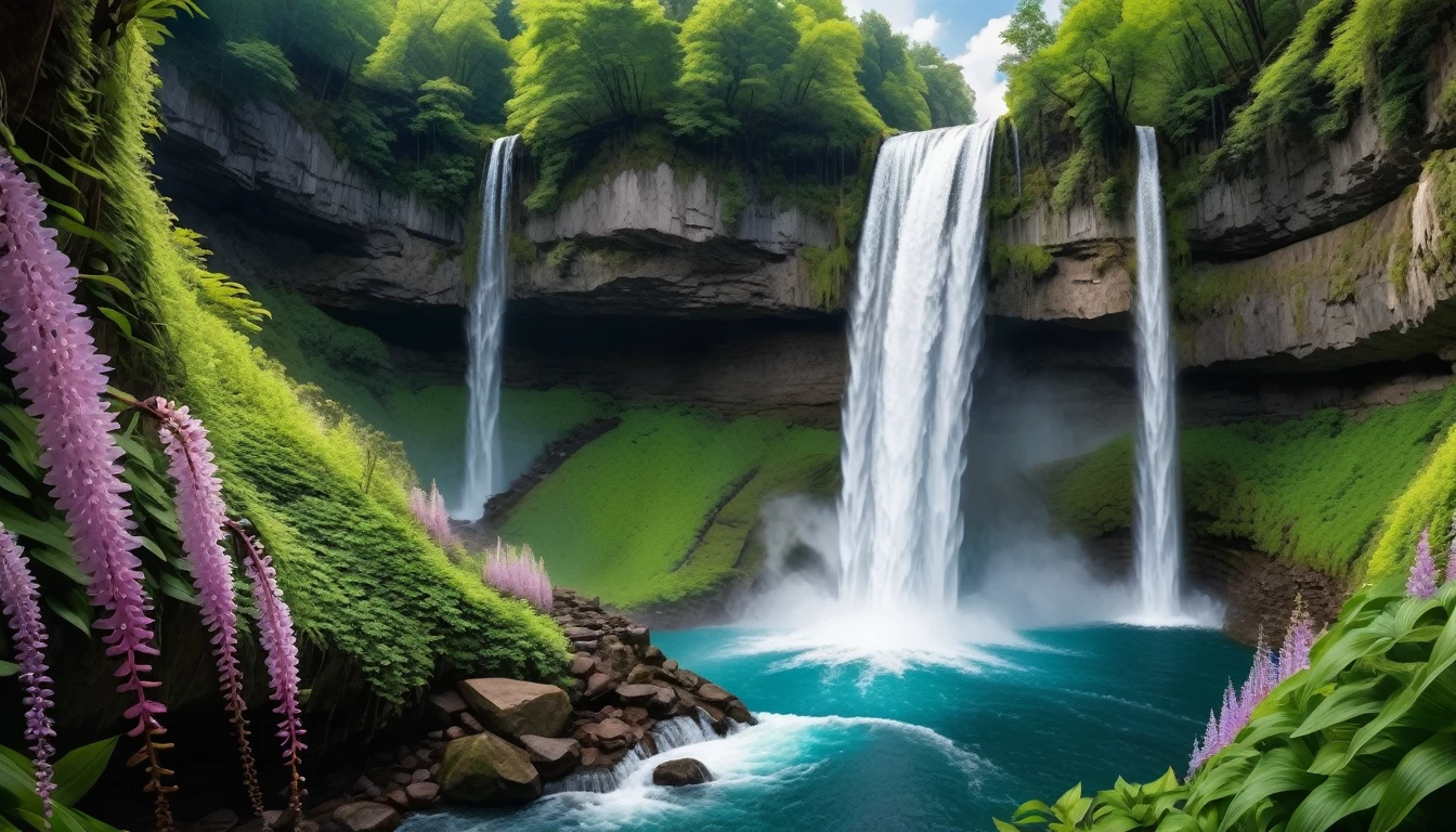 Close-up of a majestic waterfall, blooming flower vines hanging down below the waterfall, waterfall flowing down to a stream of blooming flowers all around,first-person view, panorama, UHD,(Best Quality),(Masterpiece Photos), (Details:1.4),(8k Highly Detailed)(Best Quality),(Best Shading)